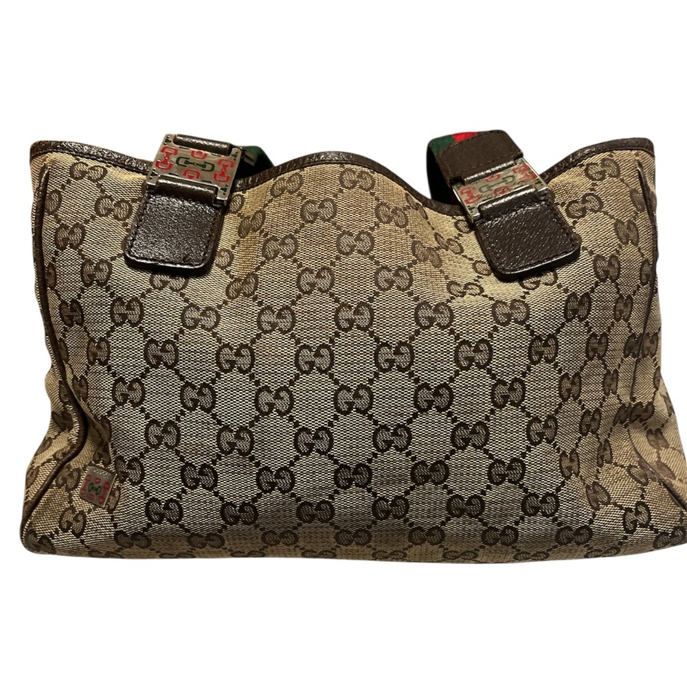 Gucci Beige GG Canvas Tote Bag with Brown Leather Trim